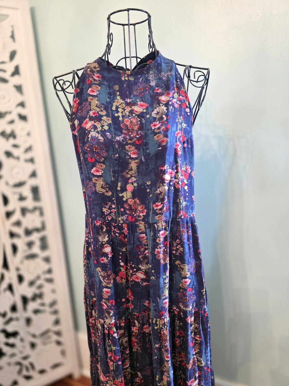 Floral Tiered Maxi Dress - Navy with Pink Floral - Picture 4 of 16